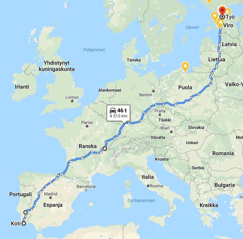 4513 km pitkä postaus Euroopan halki autolla, kartta 