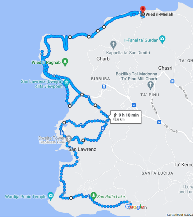 Gozon pisin patikointireitti: Wied Il-Mielaħ - Kerċem
kartta