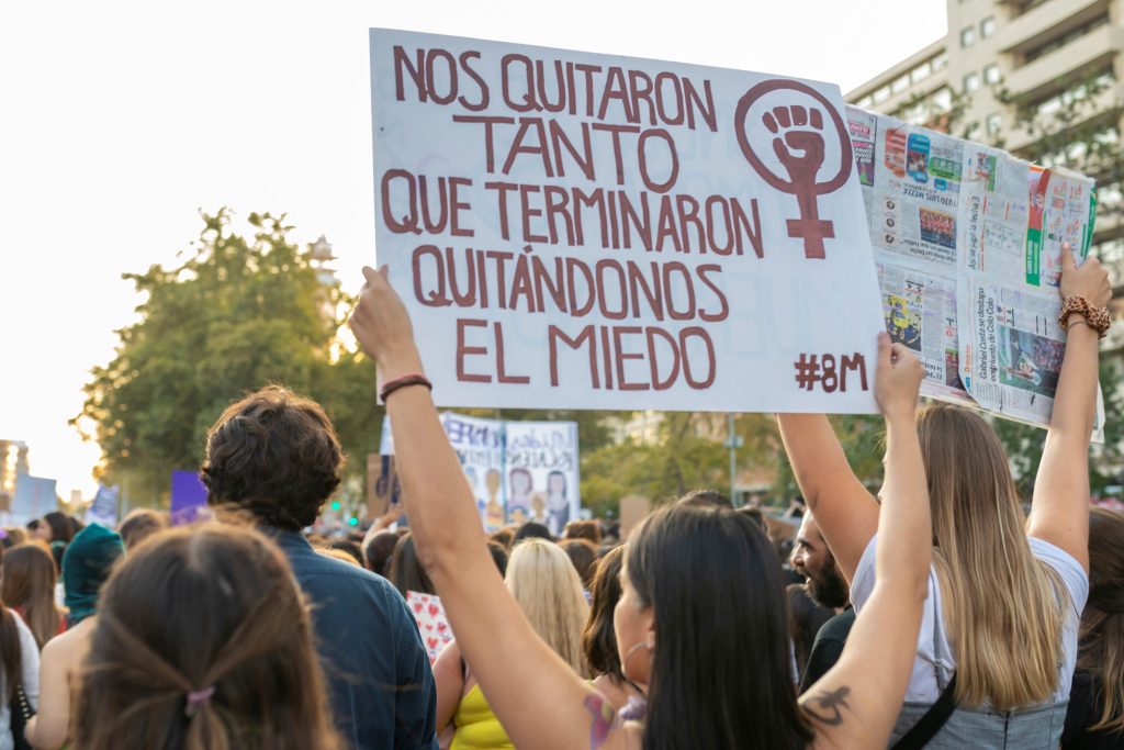 People carrying protester signs during Women`s Day #8M at Santiago de Chile - 8th March 2019 - Depositphotos